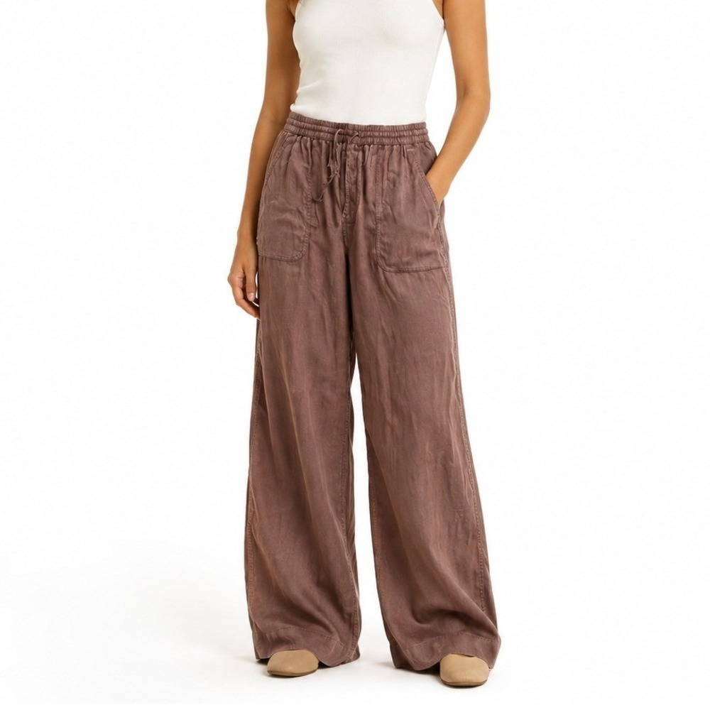 Lands End Wide Leg Pants Women 16 Brown Lyocell Drawstring Relaxed Summer Flared